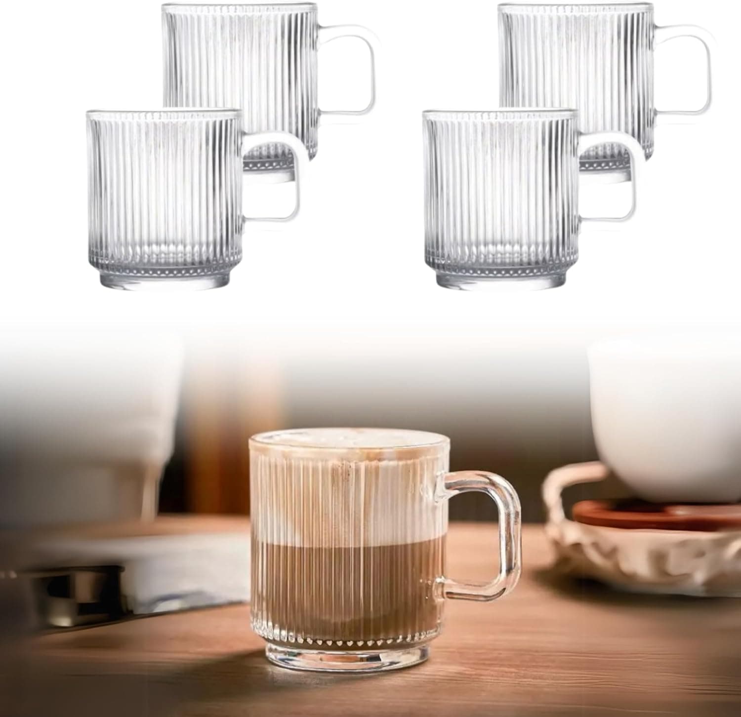 Kit 4 Canecas de Café Vidro Canelado Premium Alça Xícaras Graffiato Clássicas 350 ml